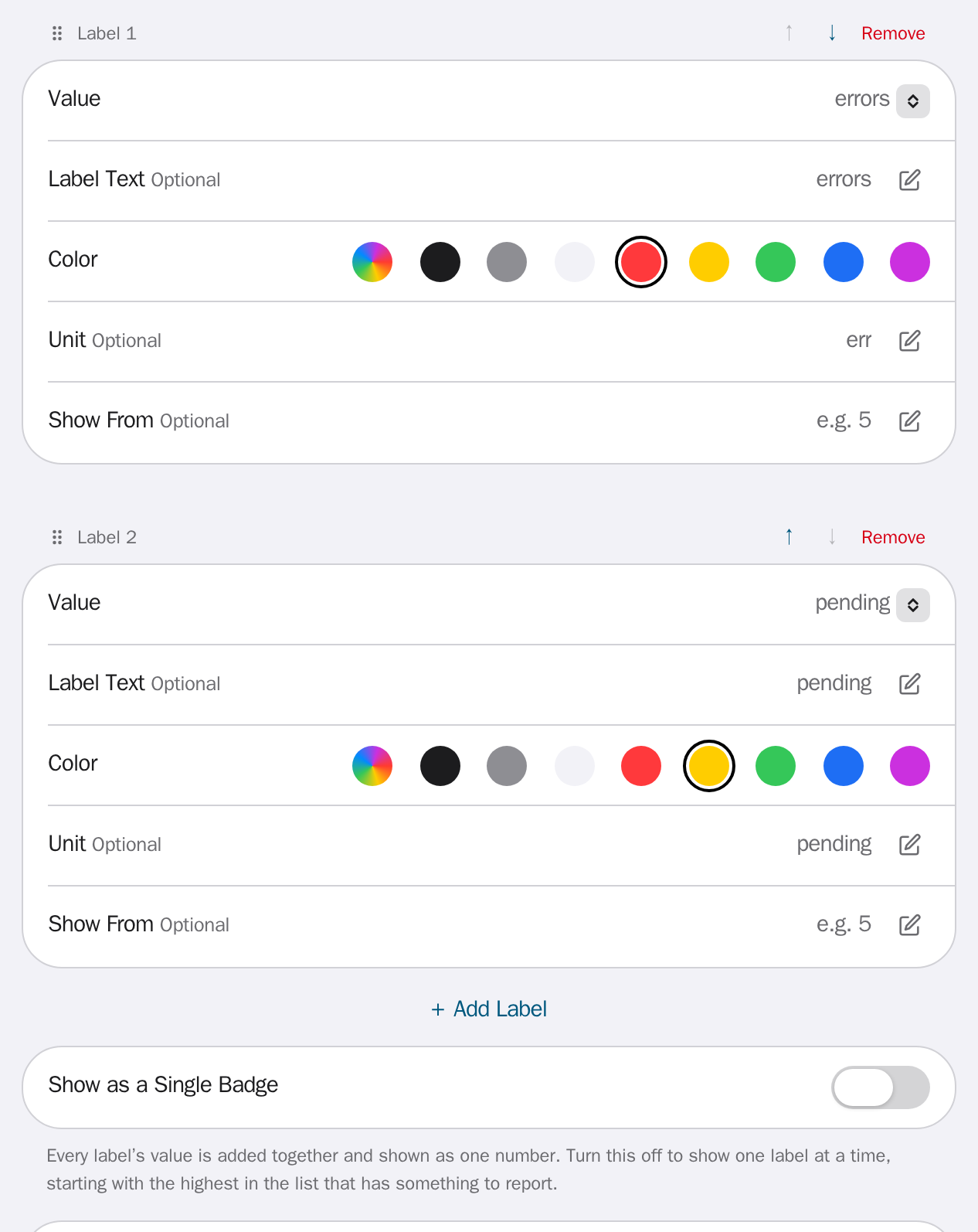 Two label cards in an app's edit form, each with Value, Label Text, Color, Unit and Show From, above the Add Label button